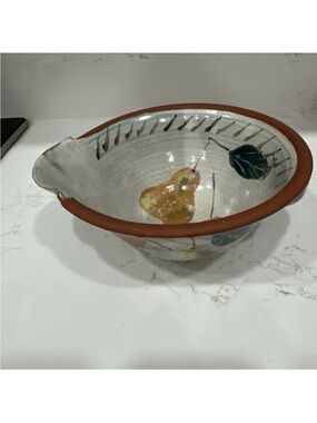 Hand Thrown Art Studio Stoneware Pottery Bowl W/ Pinched Pour Spout Signed Pears